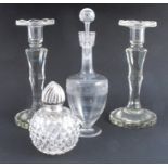 A group of glass items, to include a pair of cut and faceted candlesticks, height 10ins, a Victorian