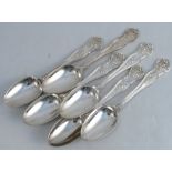 A set of six Victorian silver serving spoons, decorated in the trailing vine pattern, engraved