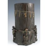A late 19th century Japanese Meiji period cylindrical bronze vase, depicting a Shinto ceremonial