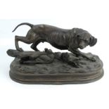 A bronze model, of a hound and gamebird in rural setting, signed E Delabrierre, height 7.5ins