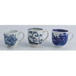 Three First Period Worcester coffee cups, all decorated in different blue and white