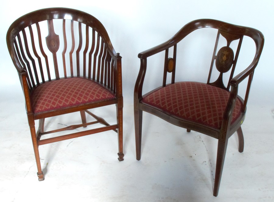 Two similar Edwardian mahogany tub chairs, with satinwood decoration