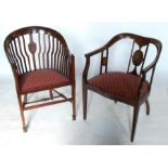 Two similar Edwardian mahogany tub chairs, with satinwood decoration