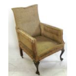 An armchair frame, in the 18th century style on dwarf cabriole legs and bearing a Derry & Toms