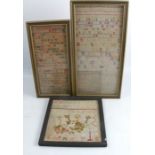 Three tapestry samplers, one with alphabet and dated 1880, the other two with alphabet and verse,