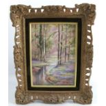 A Royal Worcester porcelain plaque, decorated with bluebells and birch trees by a stream by Edward