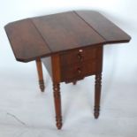 A 19th century mahogany sewing table, with drop flaps, fitted with two drawers over a pull out