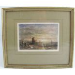 A 19th century watercolour, view across water with figures and boats, signed Pune?, 3.75ins x 5.