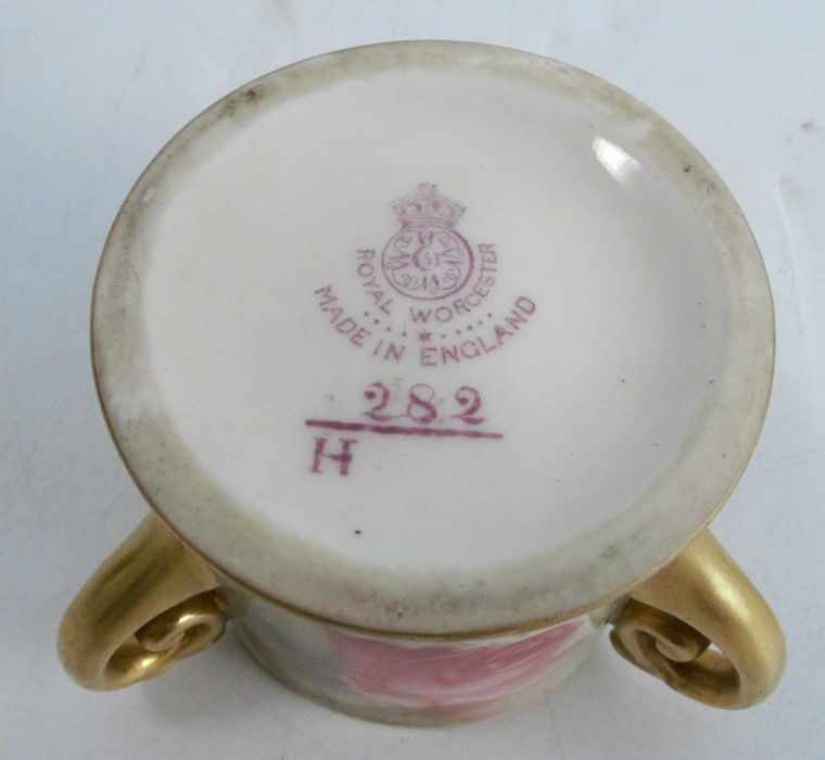 Two miniature Royal Worcester tygs, decorated with pink roses to a green border, shape numbers H282, - Image 3 of 8