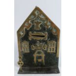 An Antique brass mounted money box, formed as a building and named Bank, height 6.25ins