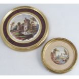 A circular Spode porcelain plaque, decorated with figures walking through a gate house, diameter 5.