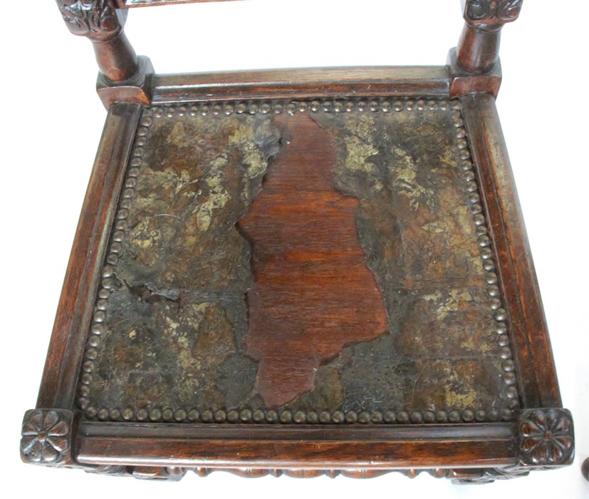 A pair of Antique oak high back chairs, with carved decoration, with leather cover to the solid - Image 2 of 4