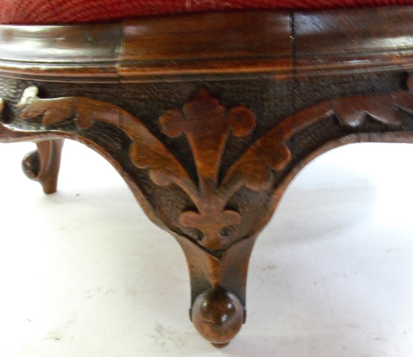 A 19th century mahogany framed foot stool, with bead work and tapestry top, and carving to the - Image 3 of 3