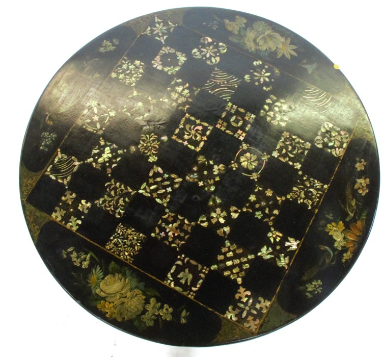 A 19th century occasional table, the circular papier mache top decorated with inlaid mother of pearl - Image 2 of 3