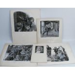 Clive Uptton, eight unframed monochrome watercolours, various subjects to include, school