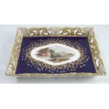 A 19th century Derby porcelain tray, of rectangular form and pierced gallery edge, the centre