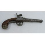 An 18th century Grantham Newton pocket pistol, with wire set into the walnut stock, with engraved