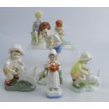 Six Royal Worcester figures, Snowy, Christopher, Young farmer, Tea Time, Little Mermaid and Mother's