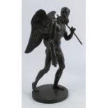 A 19th century bronze Classical model, of a winged man carrying a scythe, on a circular base, af,