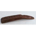 A 19th century treen carved yew-wood knitting sheath, inscribed Sarah Stubbs, 185? and decorated