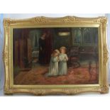 James Sinclair, oil on canvas, interior scene with two children kneeling praying while a woman looks