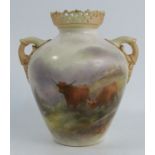 A Royal Worcester vase, decorated to the front with Highland cattle in landscape by H Stinton,