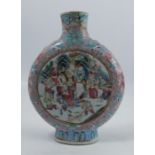 A Chinese famille rose moon flask, the one side decorated with figures, some on horse back, the