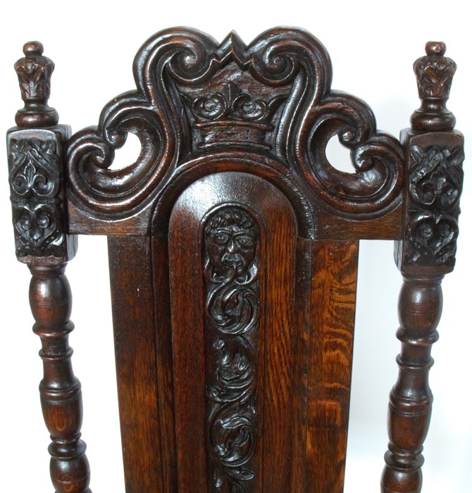 A pair of Antique oak high back chairs, with carved decoration, with leather cover to the solid - Image 3 of 4