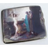 A silver cigarette case, the cover with a later applied resin image of a naked woman being