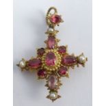 A 19th century cruciform brooch pendant, circa 1840,  set with foil backed stones ad pearl (untested