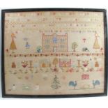 A large tapestry sampler, with alphabet, verse, numbers, figures and animals, 24.5ins x 29ins