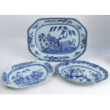 Three Chinese export tureen stands, all decorated in blue and white, two of rectangular form the