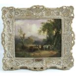 William Shayer, - attributed - oil on panel, wooded landscape with figures and a horse by a rustic