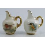 Two miniature Royal Worcester flat back jugs, each decorated with English birdsCondition Report: