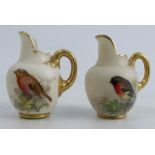 Two miniature Royal Worcester flat back jugs, each decorated with English birds, one signedCondition