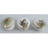 Three Royal Worcester patch boxes, each decorated with English birds, one signed PowellCondition