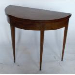 A 19th century mahogany D shape fold over table, with satinwood line inlay, 37ins x 18.5ins when