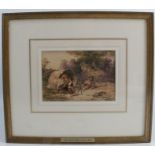 J H Mole, watercolour, figures round a fire, dated 1844, 4.5ins x 6ins