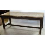 A 19th century refectory table, from a canteen warehouse with metal lead edge and raised on four