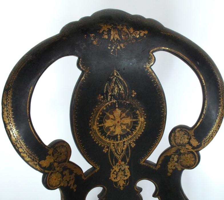 A Victorian black papier mache chair, with gilt decoration to the black ground, having a cane - Image 2 of 4