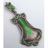 An Art Nouveau silver and enamel pendant stamped "Queensway" and 'Stg Silver', 6cm long including