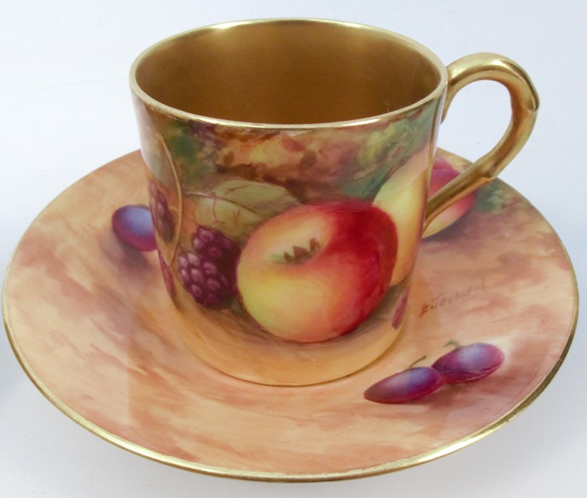 Six Royal Worcester coffee cans and saucers, decorated with fruit to a mossy background, various - Image 4 of 6