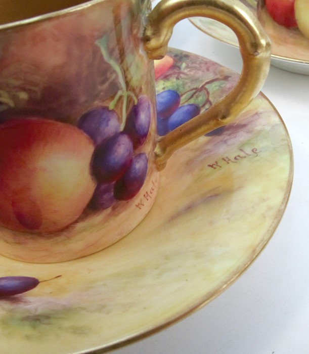 Six Royal Worcester coffee cans and saucers, decorated with fruit to a mossy background, various - Image 3 of 6