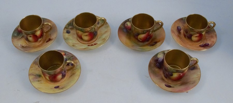 Six Royal Worcester coffee cans and saucers, decorated with fruit to a mossy background, various - Image 2 of 6