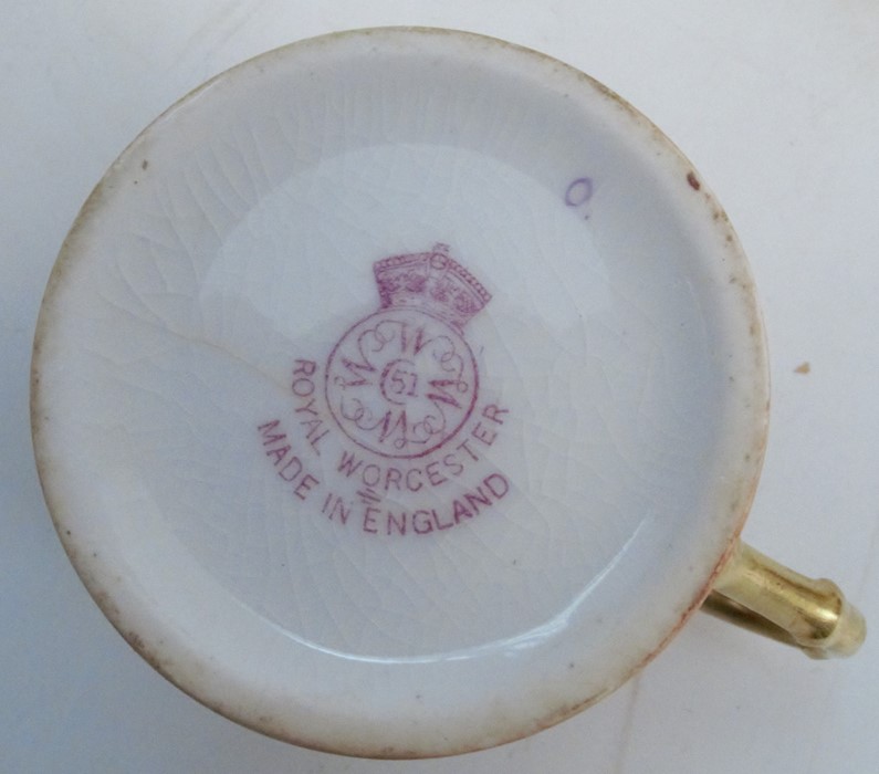 Six Royal Worcester coffee cans and saucers, decorated with fruit to a mossy background, various - Image 6 of 6