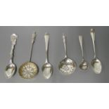 Six Silver Spoons including sugar sifters, 57g