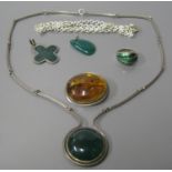 A David Anderson Norwegian Silver Enamel Ring, Danish silver necklace, silver and enamel pendant etc