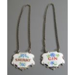 Two Silver and Enamel Sherry and Gin Labels, Birmingham 1961, T&S