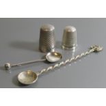 Two Silver Thimbles (one Charles Horner) and two salt spoons