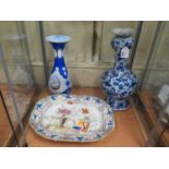 A 19th Century Masons Ironstone Dish, glass vase and damaged faience vase